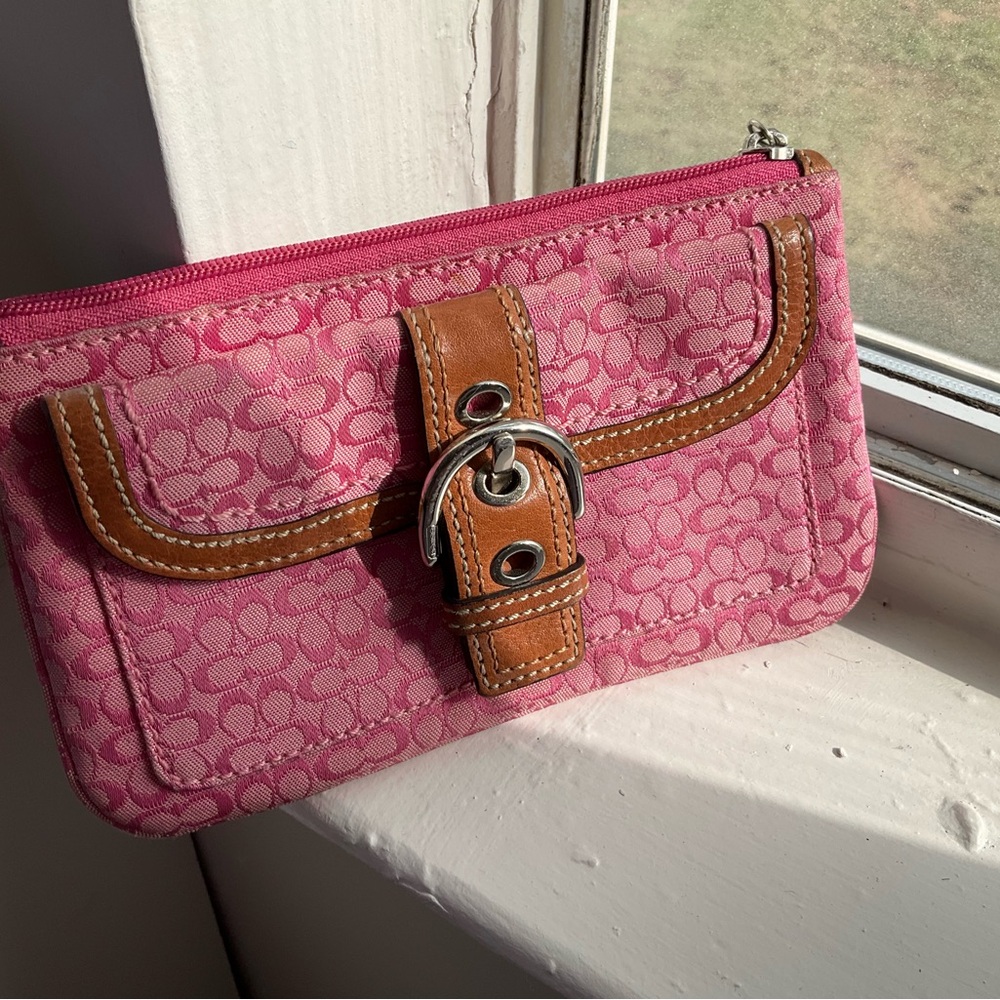 Coach Pink Signature Canvas Wristlet with Brown Leather Trim